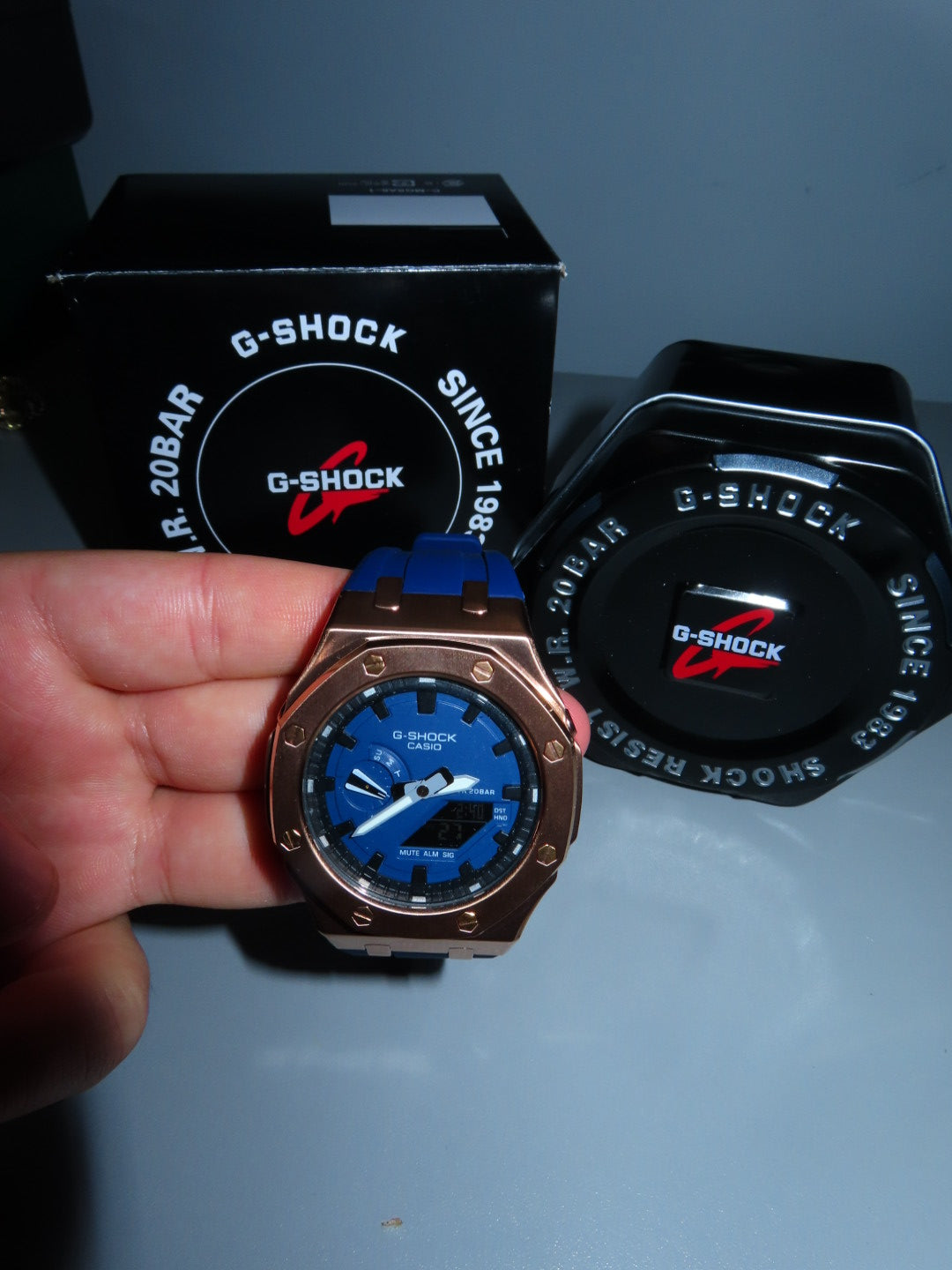 CASIOAK MOD WATCH GOLD CASE, BLUE RUBBER STRAP, BLUE WHITE TIME MARK WITH BLUE DIAL 44MM