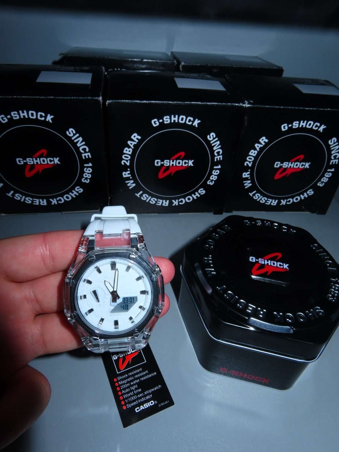 CASIOAK MOD WATCH TRANSPARENT CASE, STRAP WHITE, SILVER TIME MARK WITH WHITE DIALS 44MM