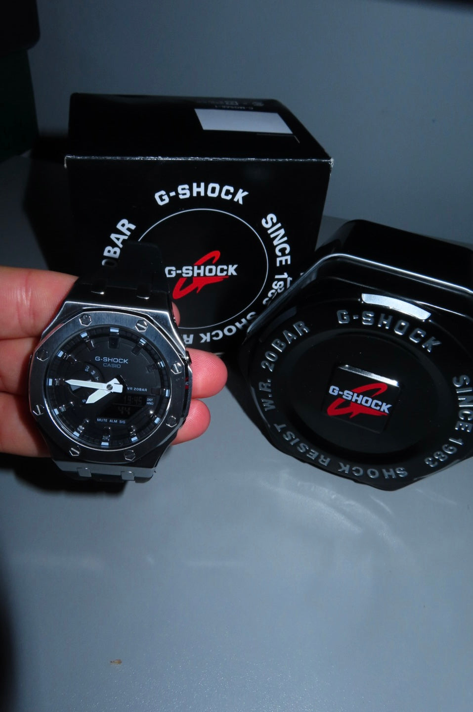 CASIOAK MOD WATCH GRAY CASE, BLACK RUBBER STRAP, BLACK LIGHT GRAY TIME MARK WITH BLACK DIAL 44MM