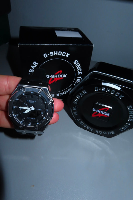 CASIOAK MOD WATCH GRAY CASE, BLACK RUBBER STRAP, BLACK LIGHT GRAY TIME MARK WITH BLACK DIAL 44MM