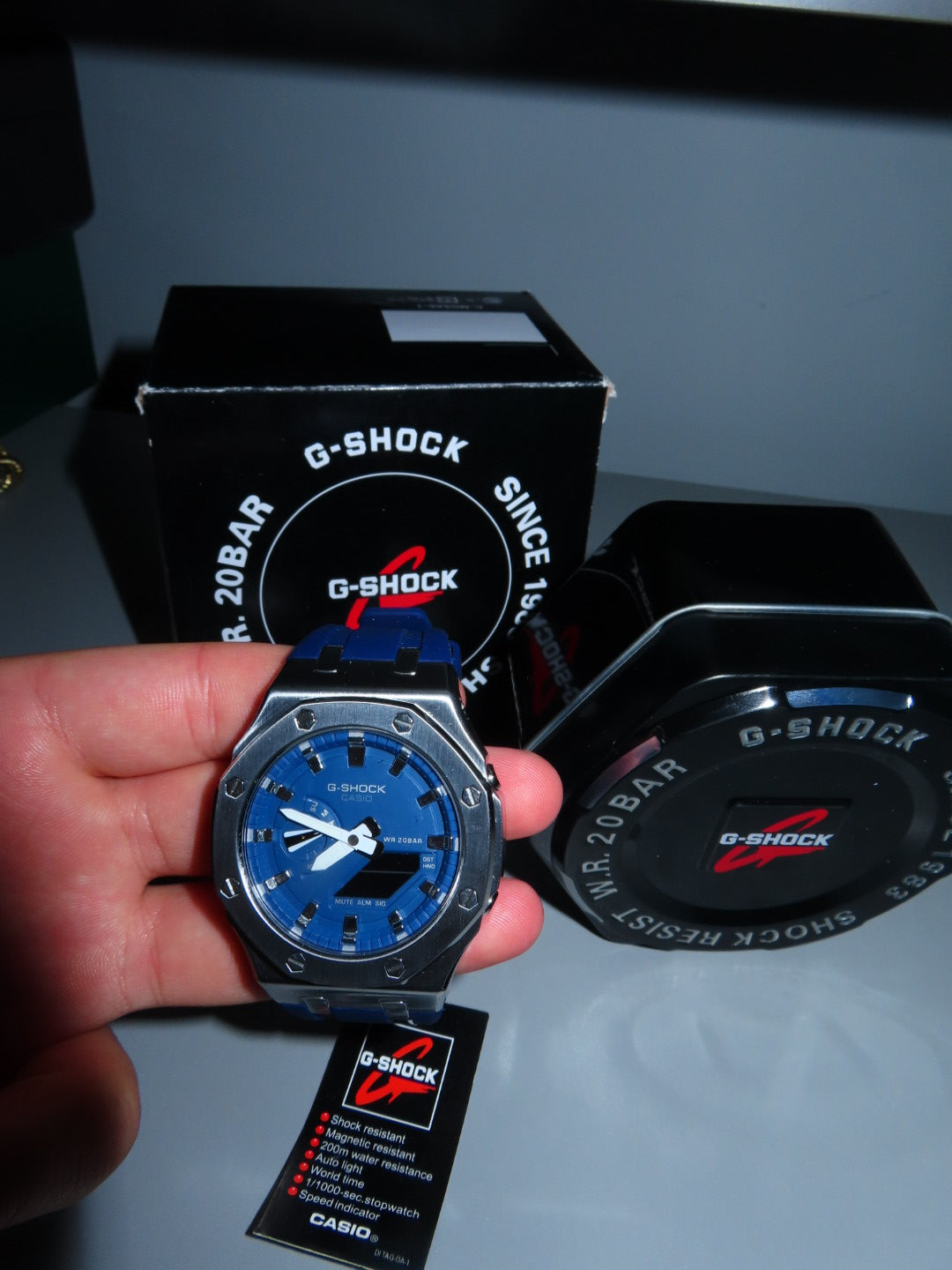 ⌚️CASIOAK MOD WATCH BLUE SILVER CASE, BLUE RUBBER STRAP, SILVER TIME WITH MARK ICE BLUE DIALS 44MM⌚️