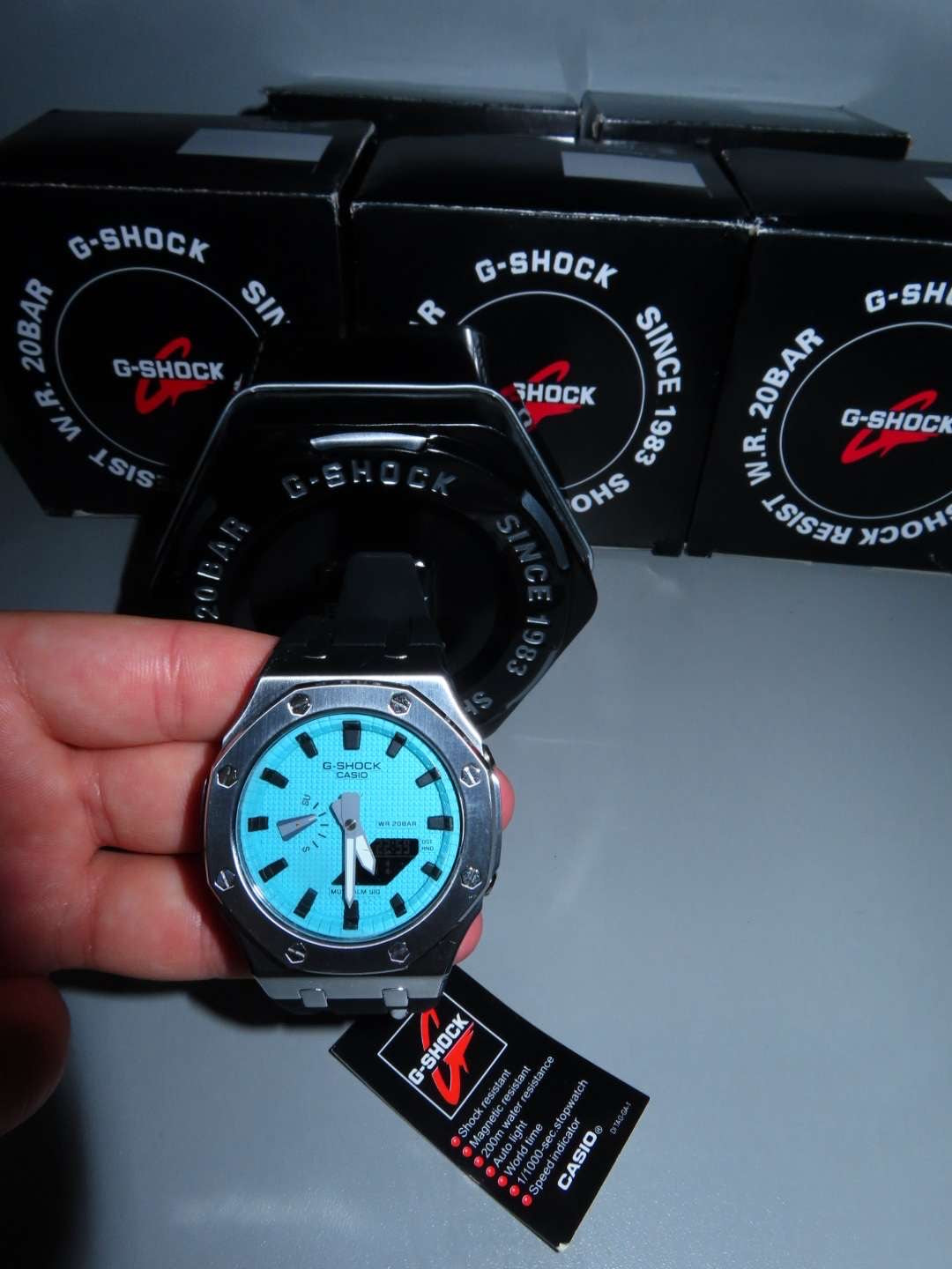 CASIOAK MOD WATCH OFFSHORE SUPERIOR SILVER CASE, BLACK RUBBER STRAP, TIFF WHITE TIME WITH MARK TIFF BLUE DIALS 44MM