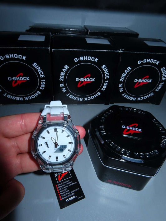 CASIOAK MOD WATCH TRANSPARENT CASE, STRAP WHITE, SILVER TIME MARK WITH WHITE DIALS 44MM